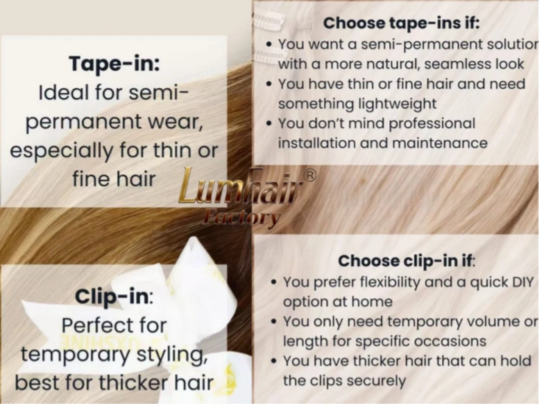 テープで留める vs クリップで留めるヘアエクステンション vs 手で結ぶ横糸